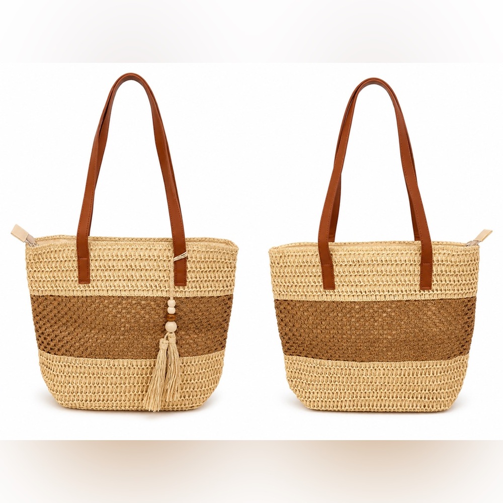 Straw Tote Bag with Tassel - Brown/Beige